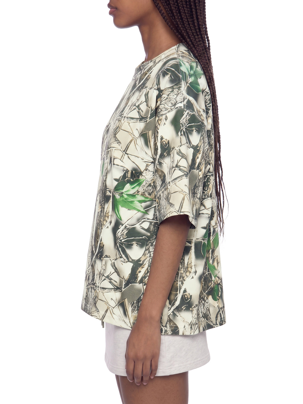 Unisex Tree Camo Boxy T-Shirt on female model side view