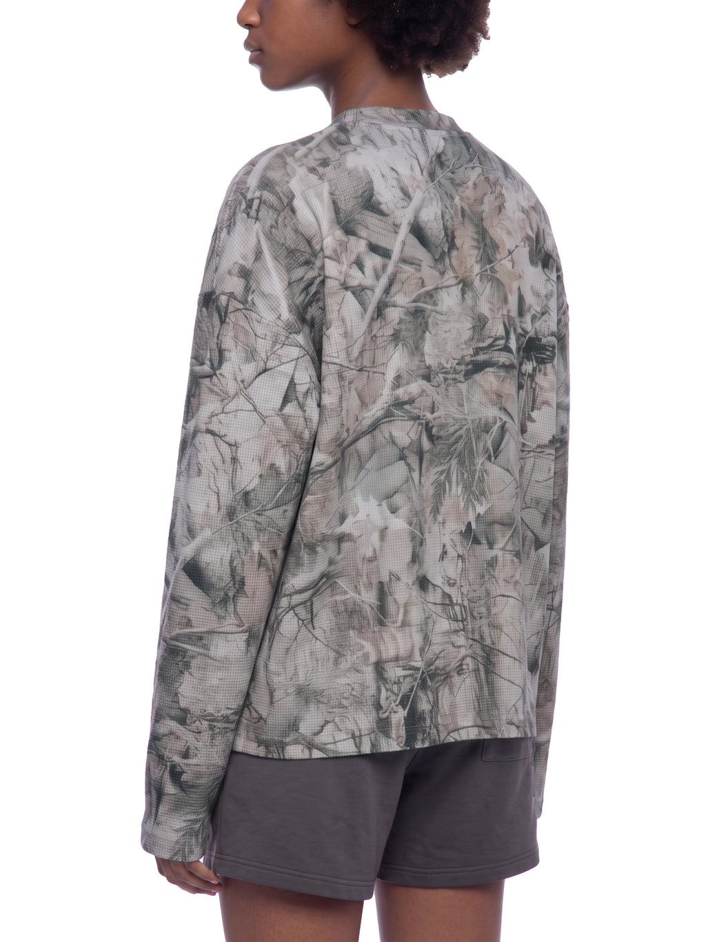 Unisex Tree Camo Waffle T-Shirt on female model rear angle