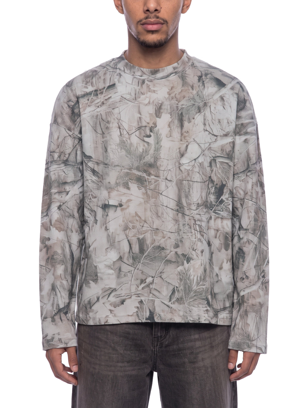 Unisex Tree Camo Waffle T-Shirt on male model front view