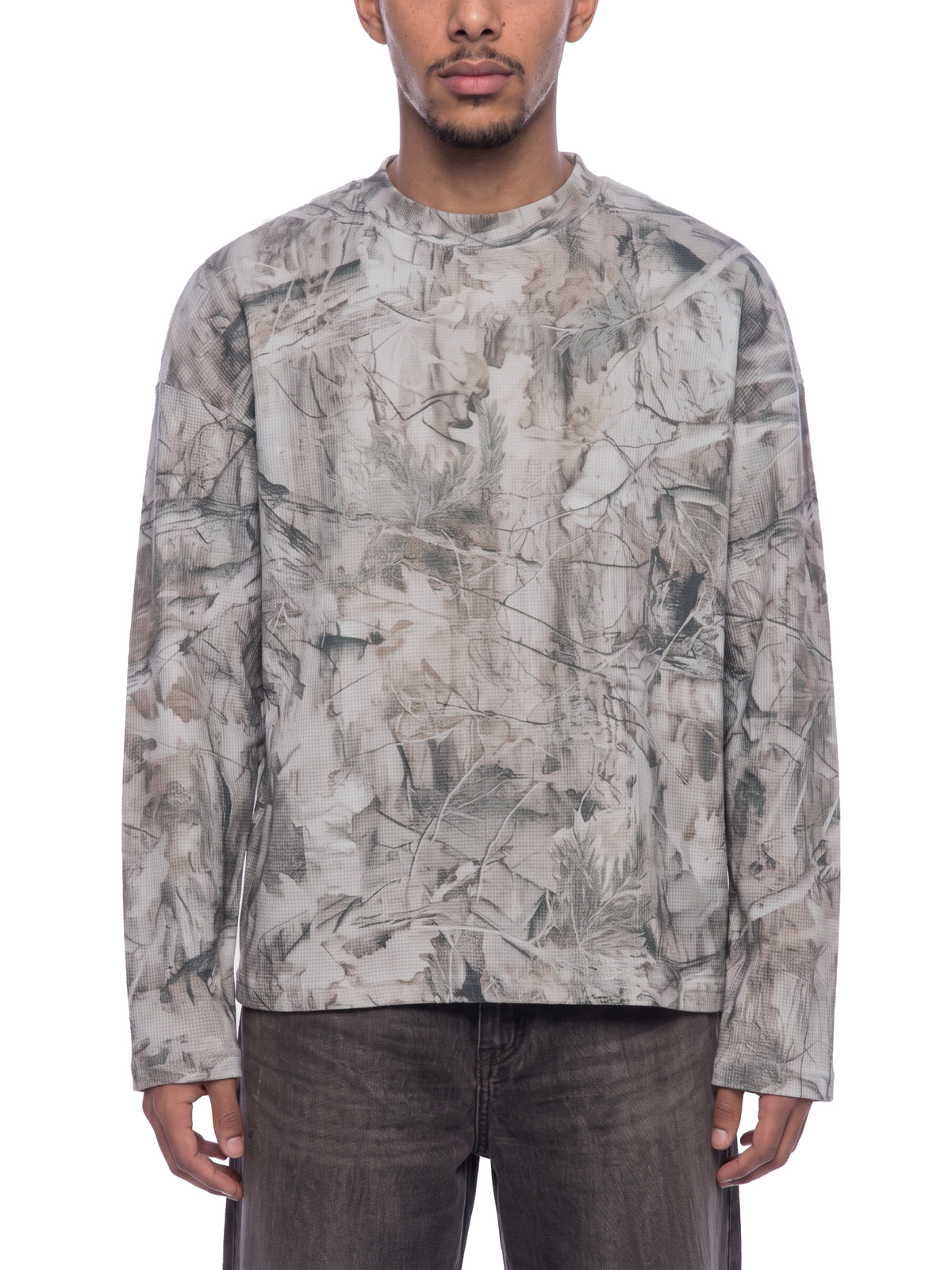 Unisex Tree Camo Waffle T-Shirt on male model front view