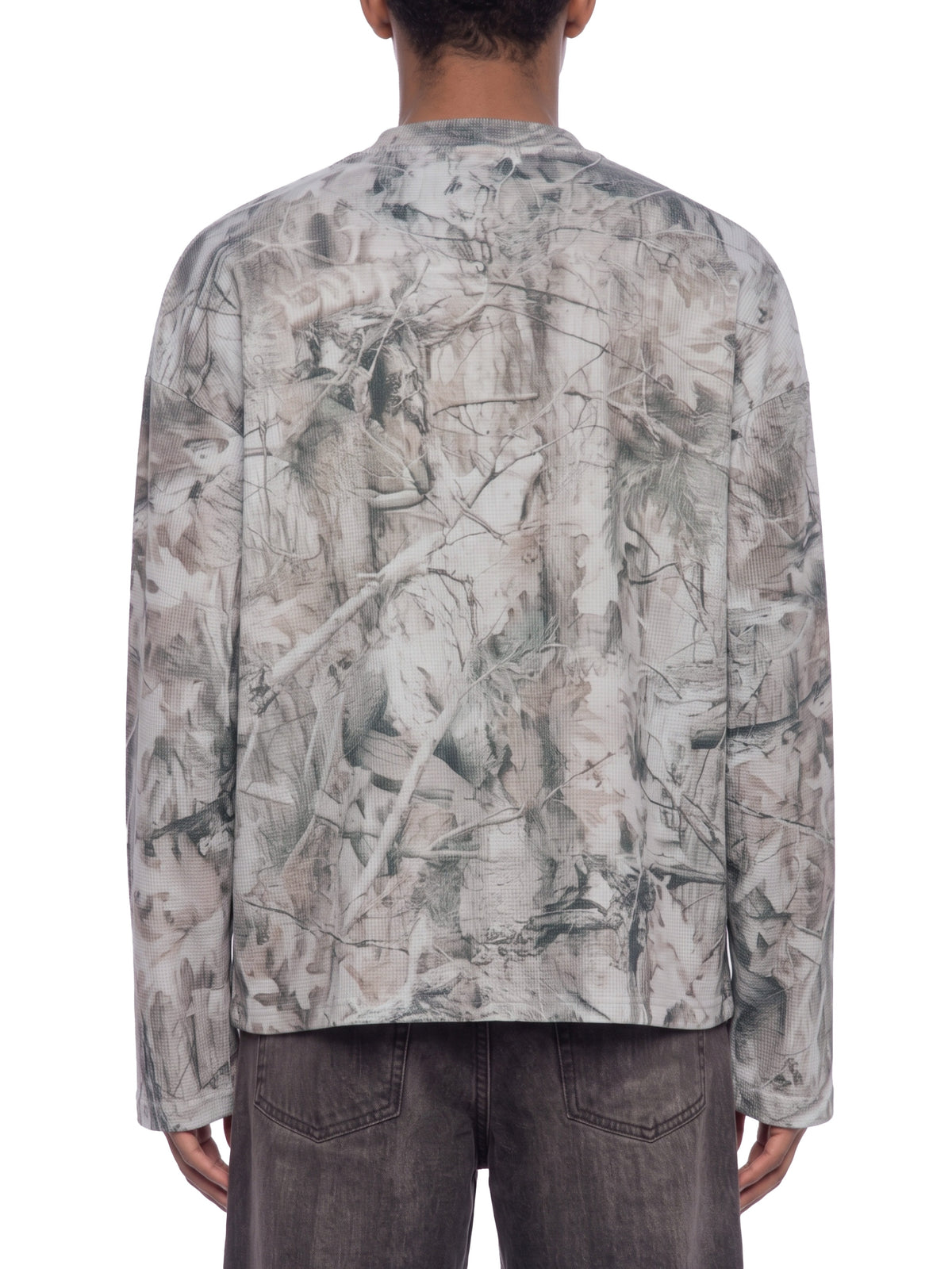 Unisex Tree Camo Waffle T-Shirt on male model back view