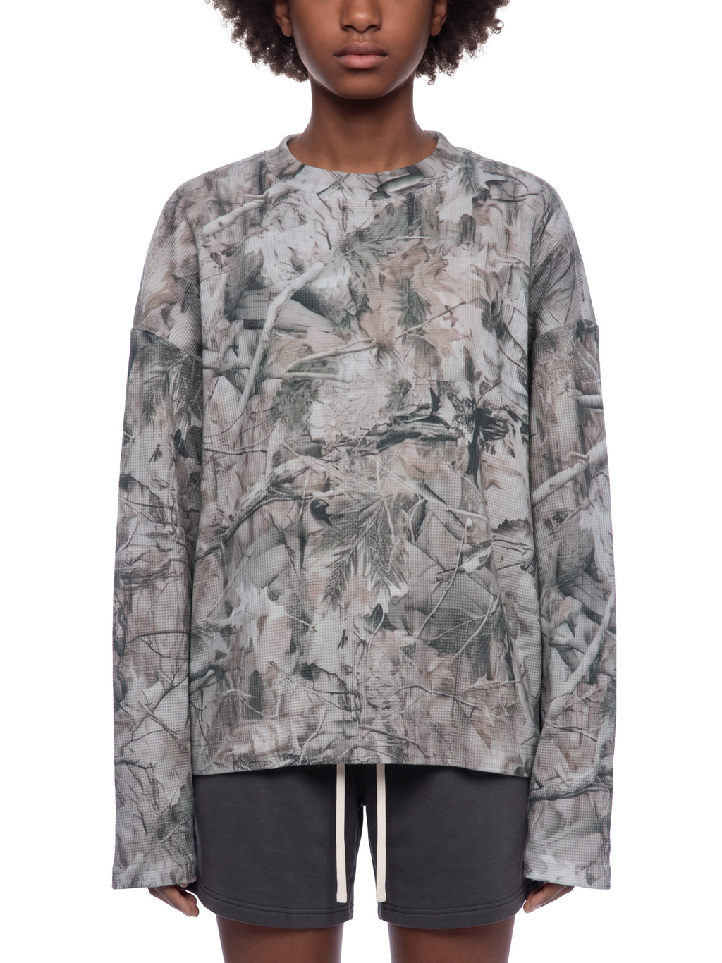 Unisex Tree Camo Waffle T-Shirt on female model front view