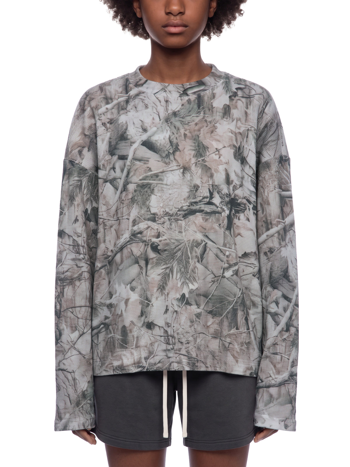 Unisex Tree Camo Waffle T-Shirt on female model front view