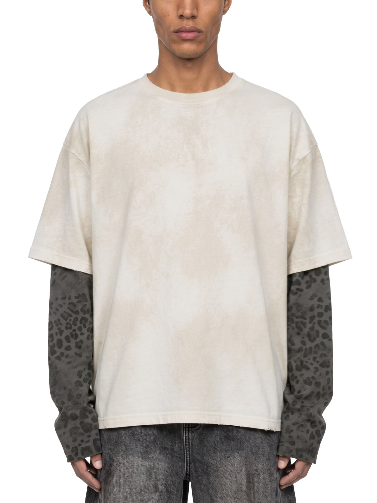 Unisex Vintage Wash Leopard Paneled Layer T-Shirt