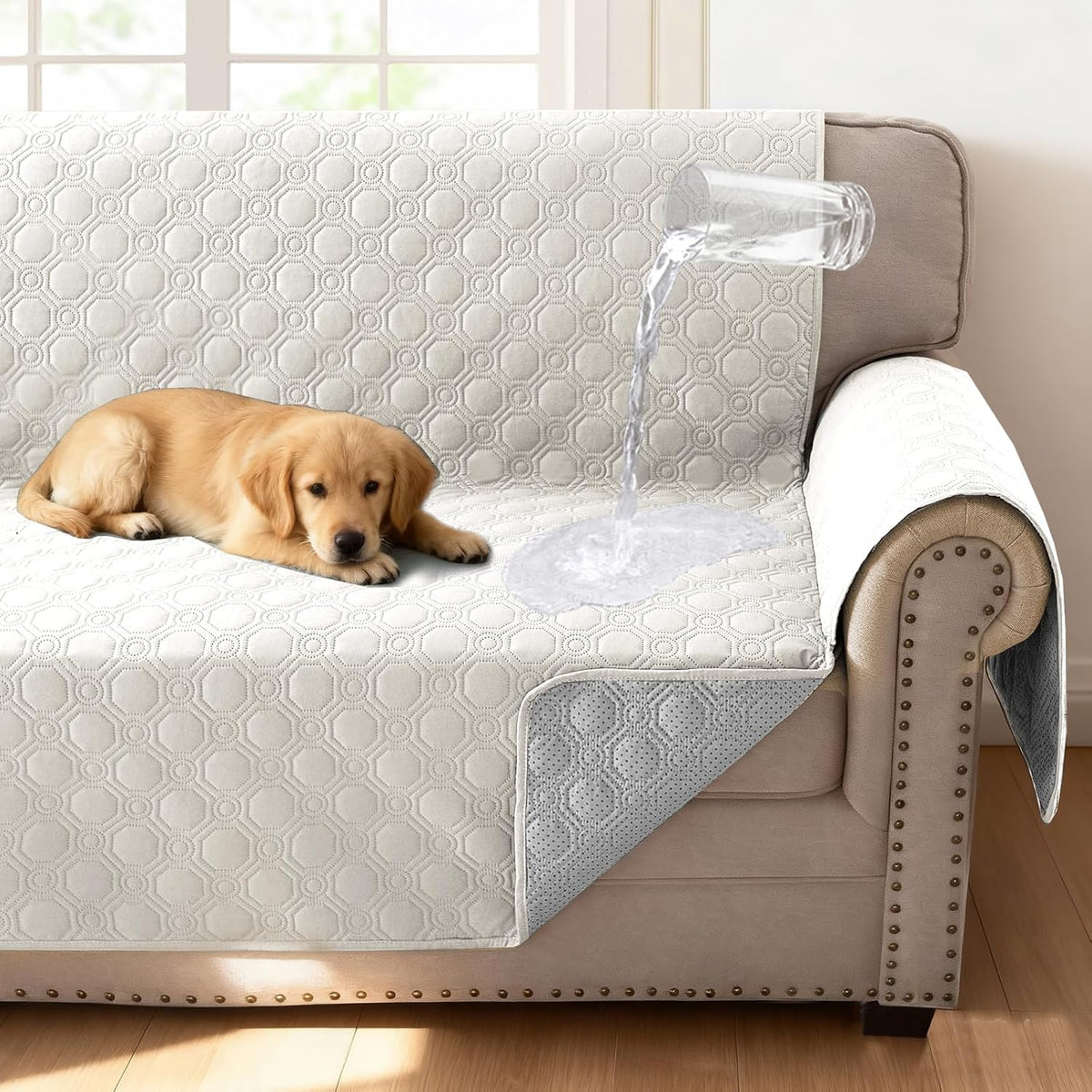 100 Percent Waterproof Couch Cover for 3 Cushion Sofa Washable Pet Friendly with Elastic Straps