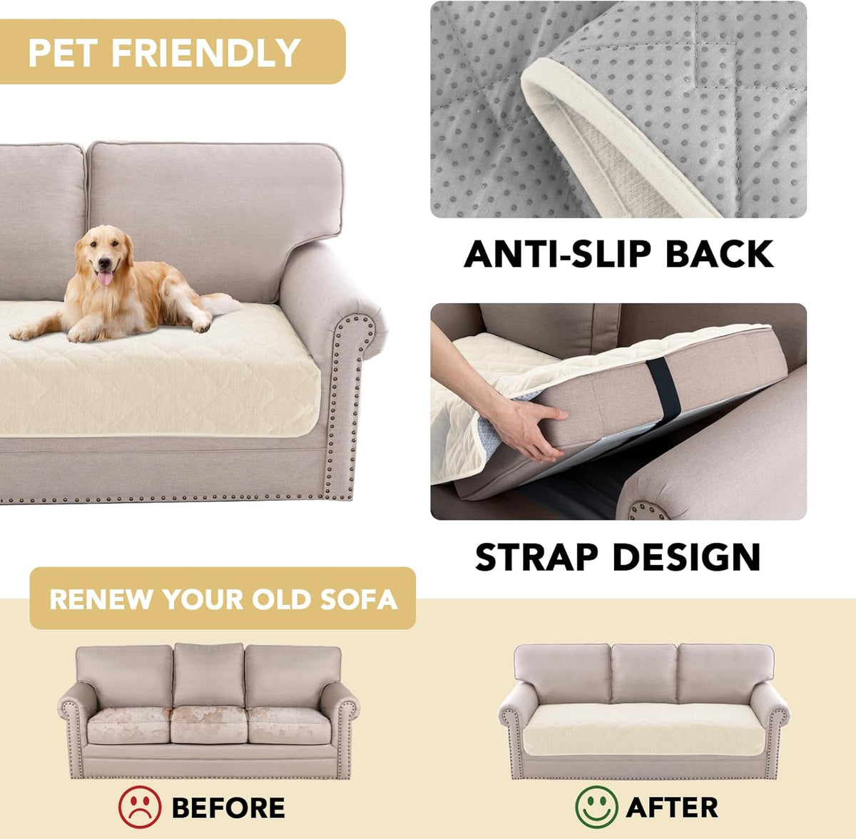 Couch Cover Chenille Pet Fuzzy Sofa Covers for 3 Cushion Anti Slip Washable Slipcovers with