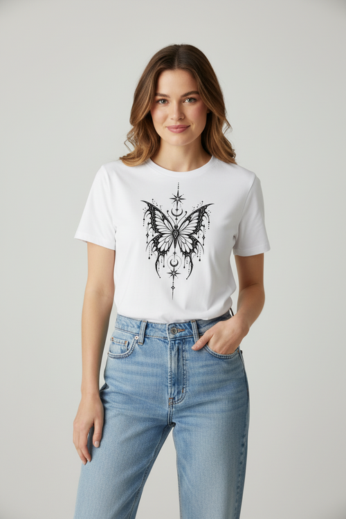 Off Script Celestial Butterfly Women’s Regular Fit T-Shirt V2 - White model front view