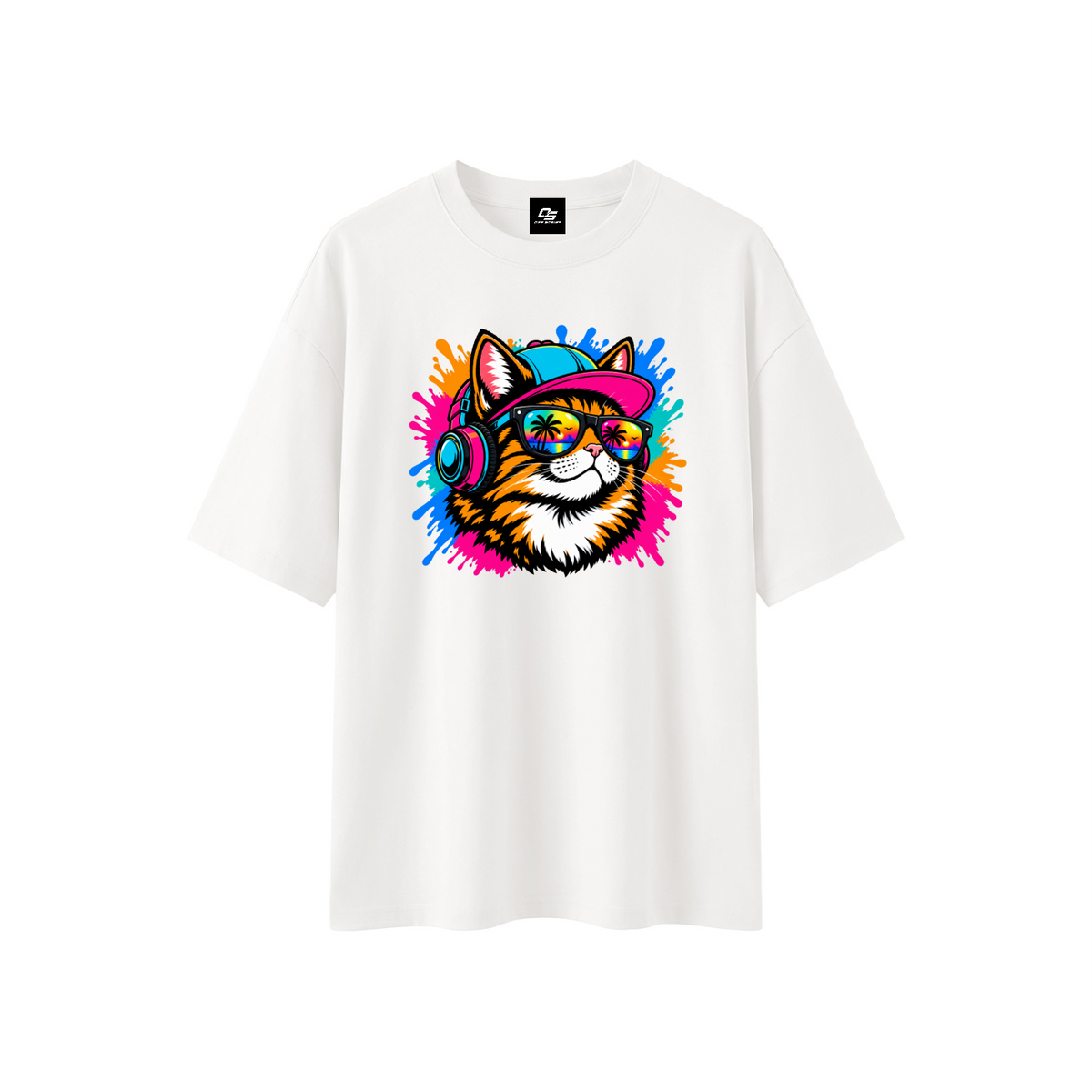 Cool Cat Sunset Headphones Unisex Boxy Oversized T-Shirt