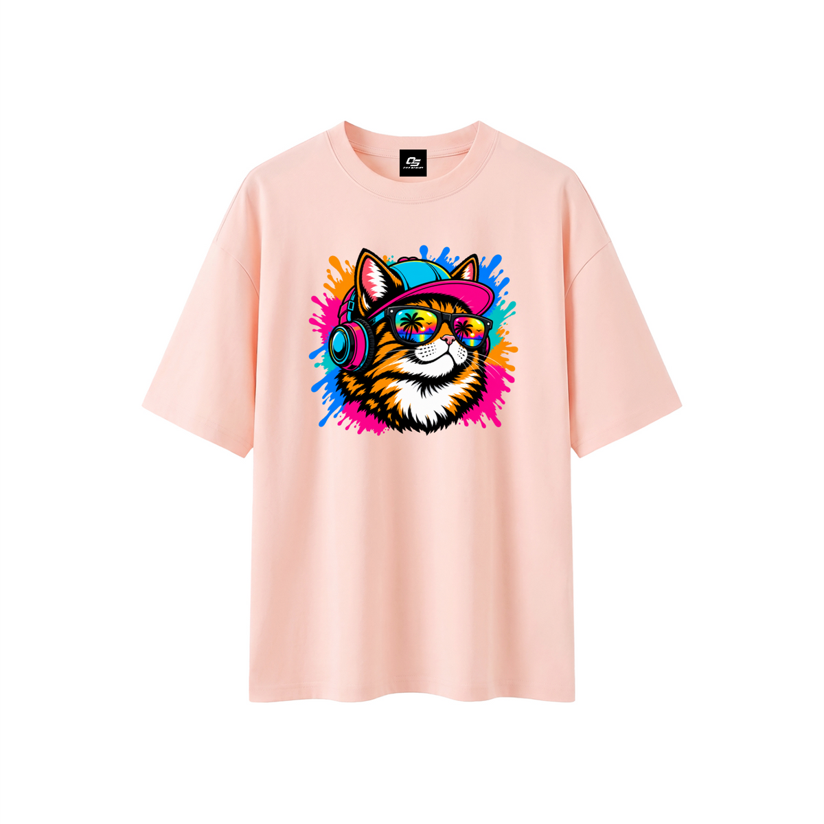 Cool Cat Sunset Headphones Unisex Boxy Oversized T-Shirt