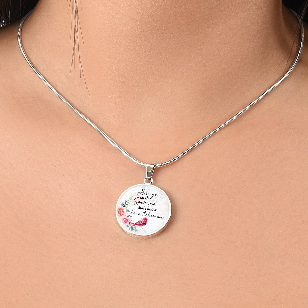 His Eye on the Sparrow He Watches Me Circle Necklace
