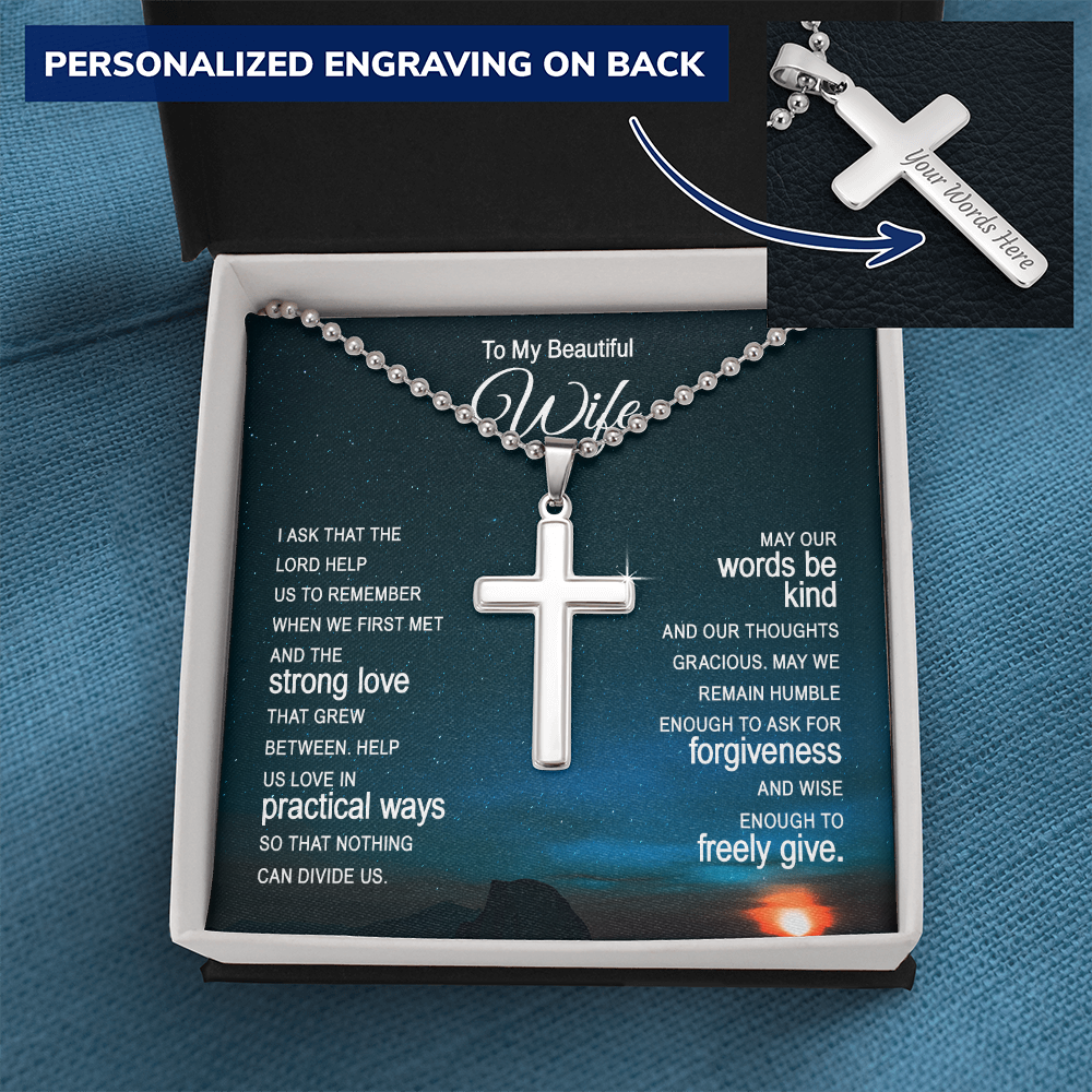 To My Wife Personalized Cross Necklace Engraved with Ball Chain