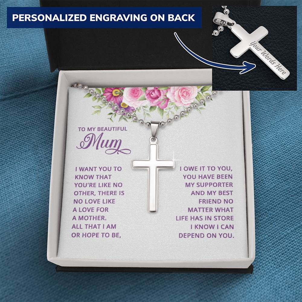 To My Beautiful Mum No Love Like a Mother's Love Personalised Cross Necklace with Ball Chain