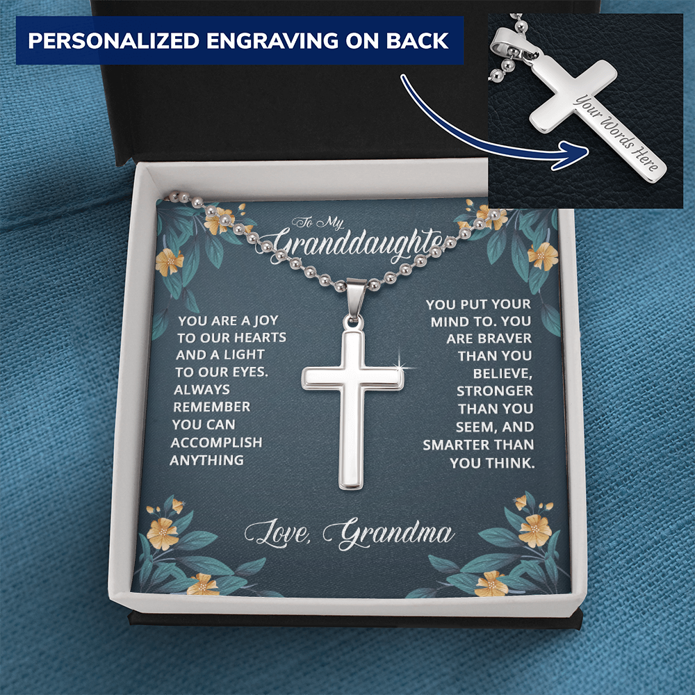 To My Granddaughter Braver Stronger Smarter Personalised Cross Necklace with Ball Chain