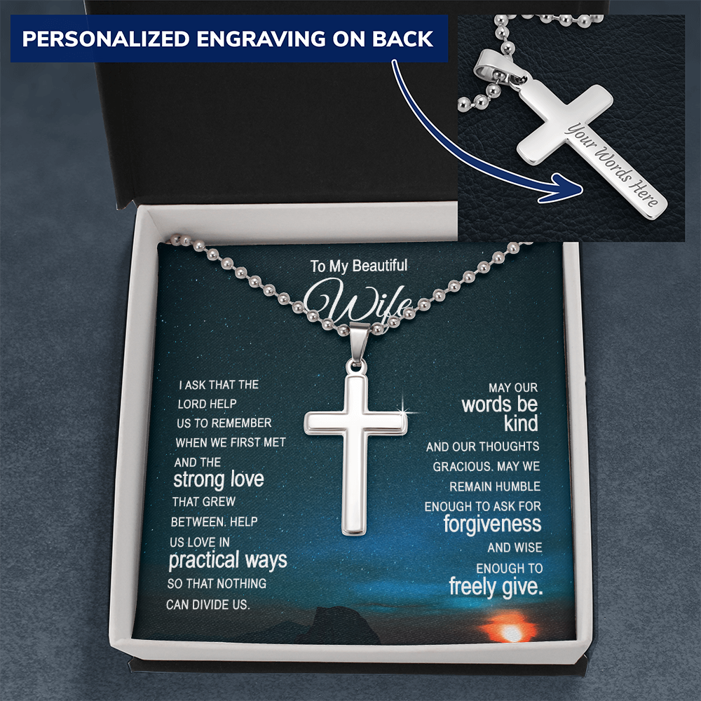 To My Wife Personalized Cross Necklace Engraved with Ball Chain