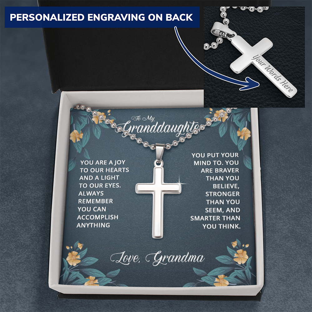 To My Granddaughter Braver Stronger Smarter Personalised Cross Necklace with Ball Chain