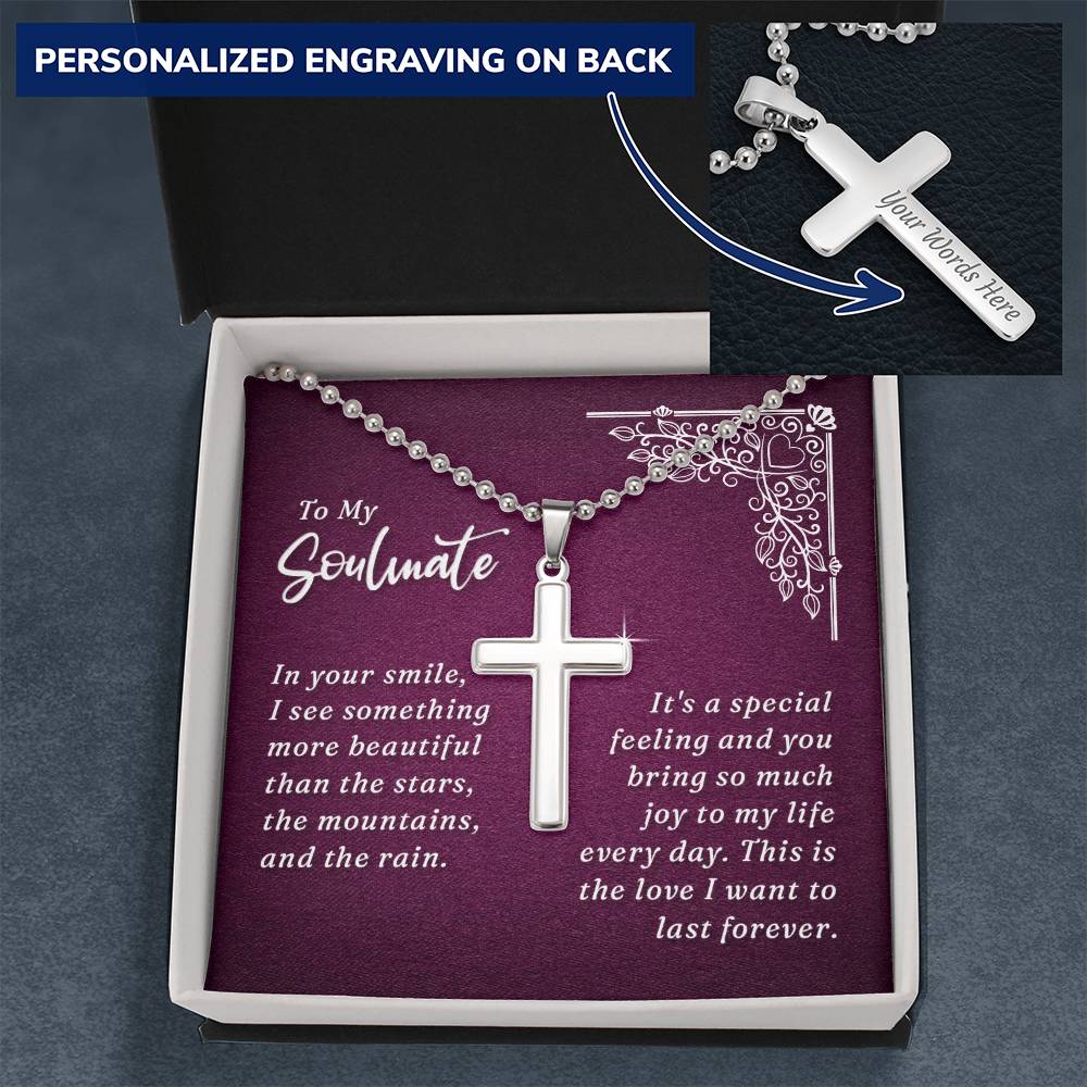 To My Soulmate You Bring Joy to My Life Personalised Cross Necklace with Ball Chain