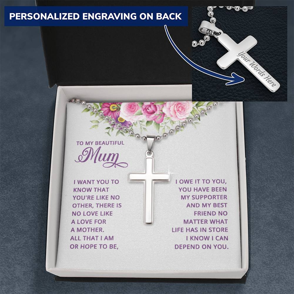 To My Beautiful Mum No Love Like a Mother's Love Personalised Cross Necklace with Ball Chain