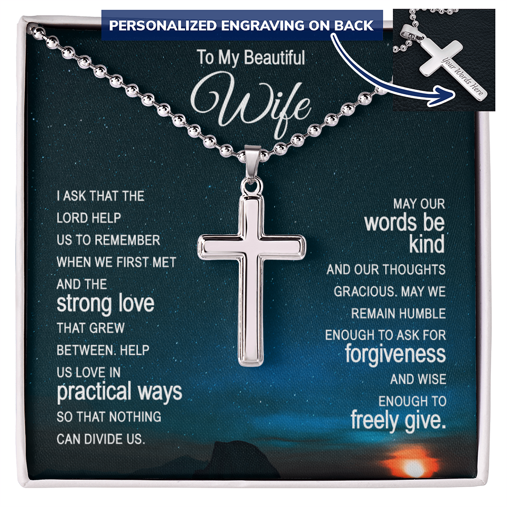 To My Wife Personalized Cross Necklace Engraved with Ball Chain