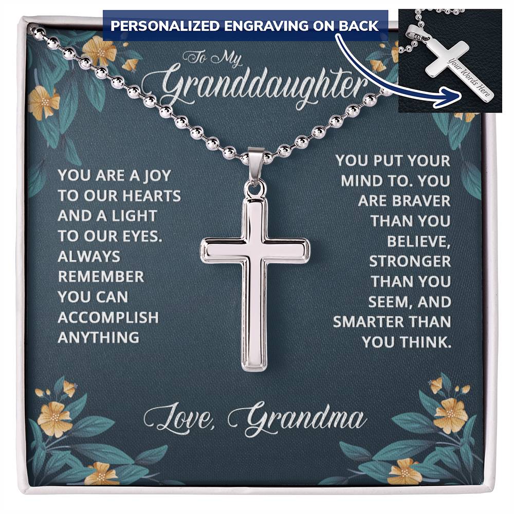 To My Granddaughter Braver Stronger Smarter Personalised Cross Necklace with Ball Chain