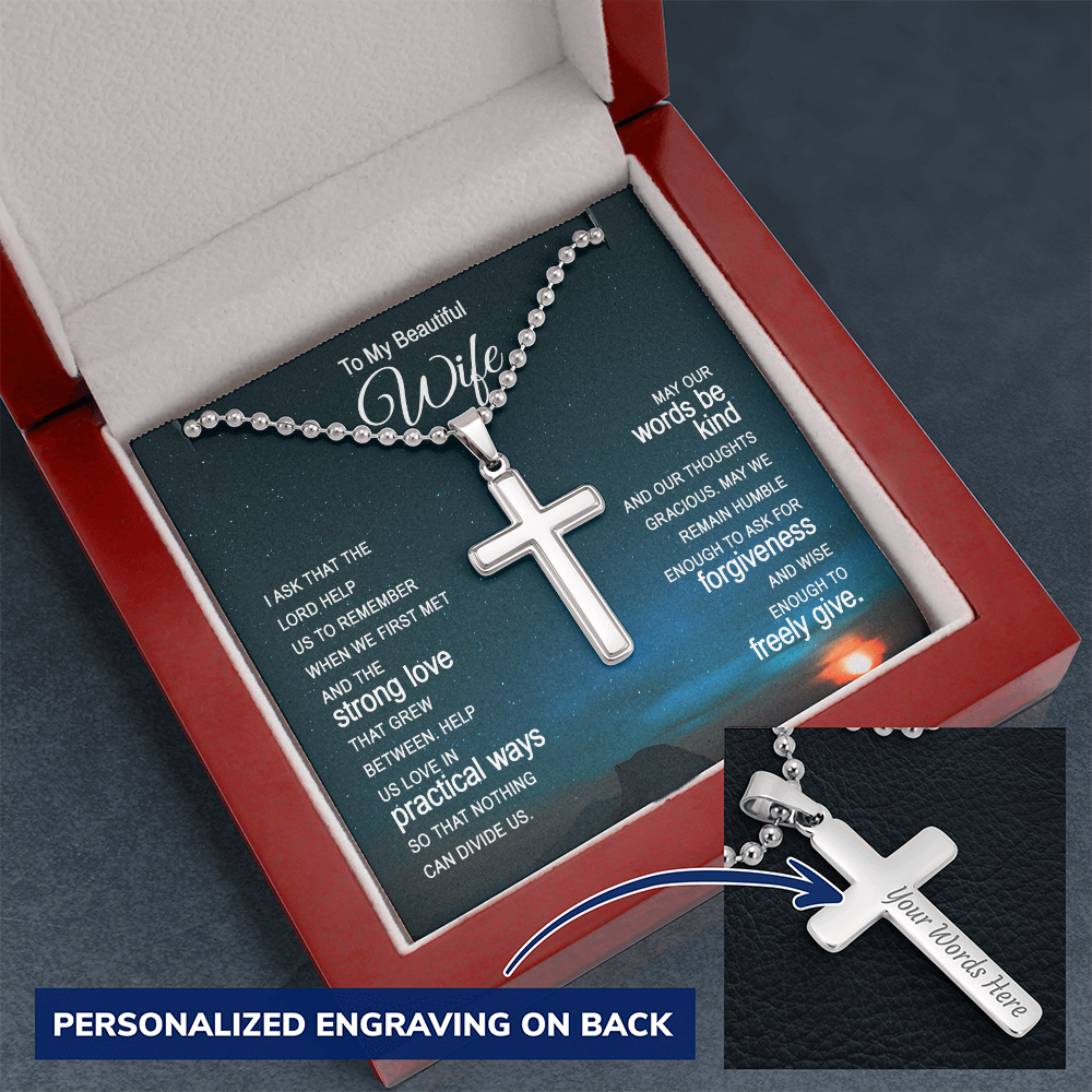 To My Beautiful Wife May Our Love Stay Strong Personalised Cross Necklace with Ball Chain