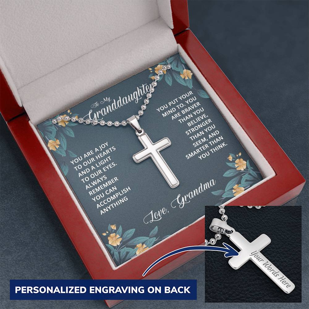 To My Granddaughter Braver Stronger Smarter Personalised Cross Necklace with Ball Chain
