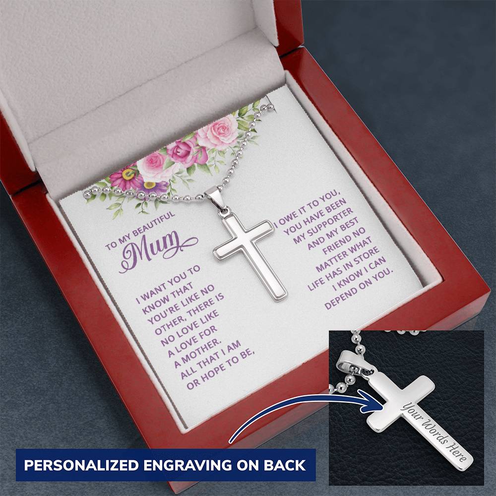 To My Beautiful Mum No Love Like a Mother's Love Personalised Cross Necklace with Ball Chain