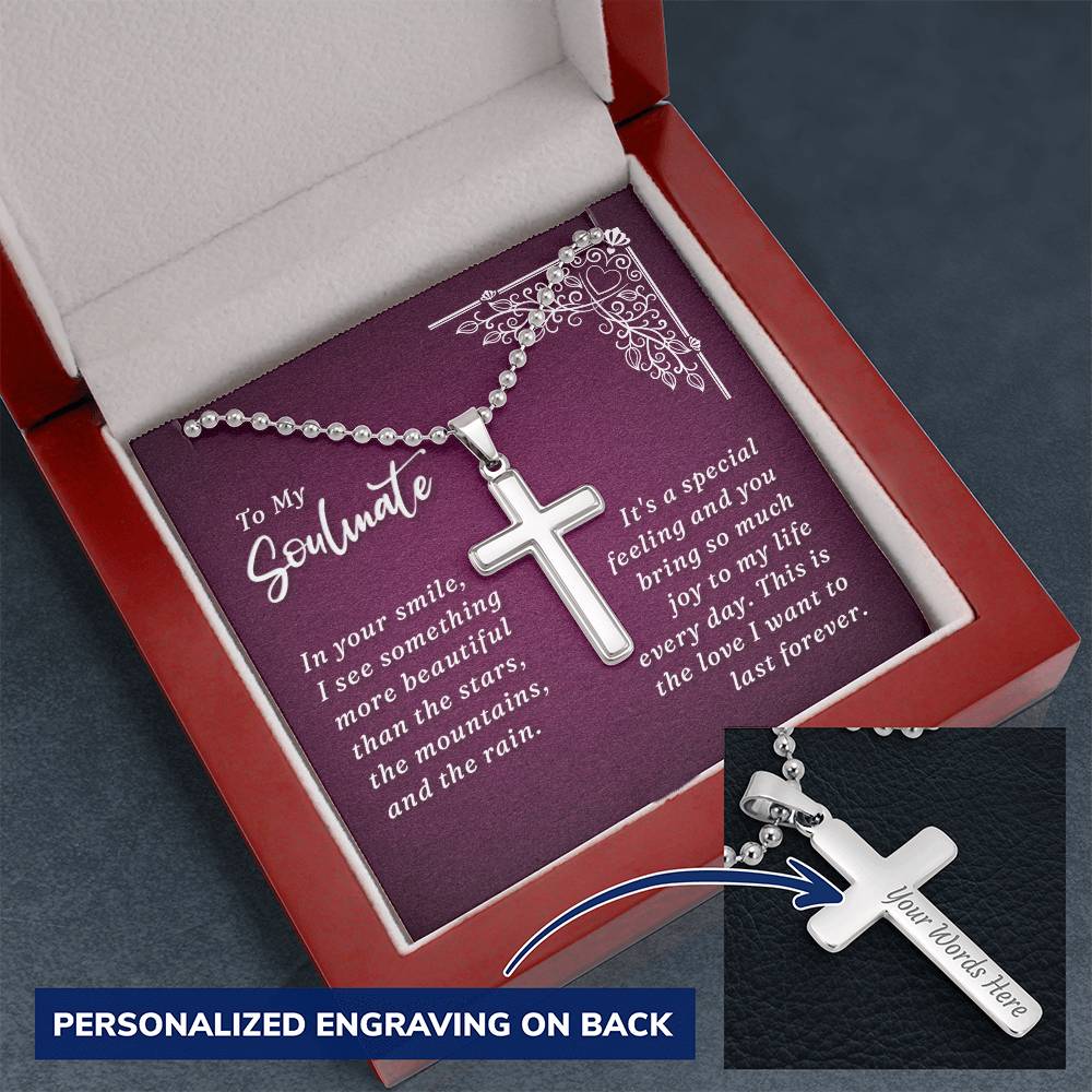 To My Soulmate You Bring Joy to My Life Personalised Cross Necklace with Ball Chain