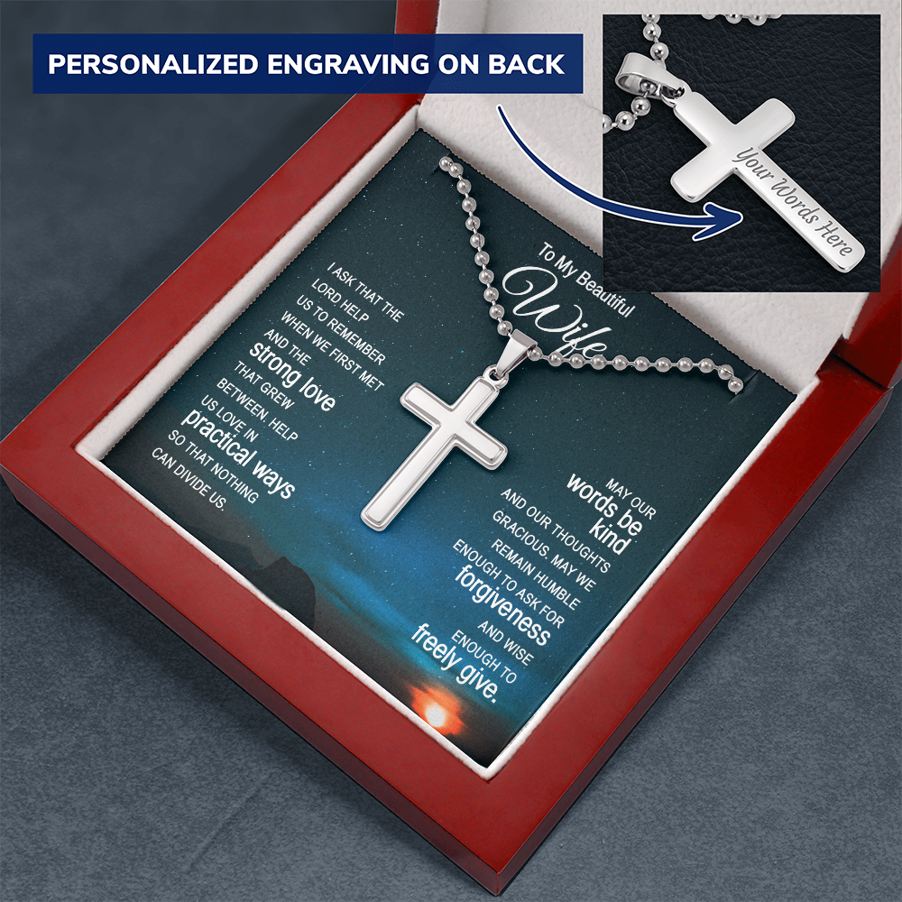 To My Wife Personalized Cross Necklace Engraved with Ball Chain