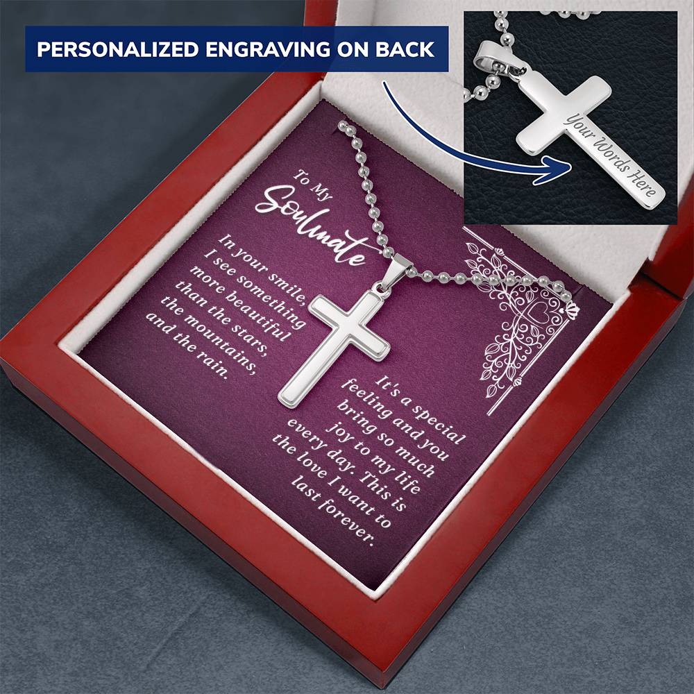 To My Soulmate You Bring Joy to My Life Personalised Cross Necklace with Ball Chain