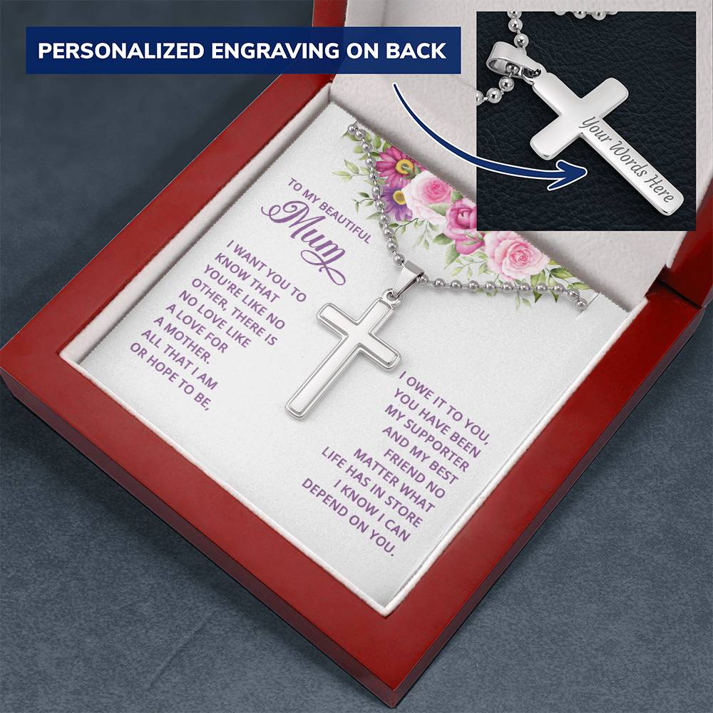 To My Beautiful Mum No Love Like a Mother's Love Personalised Cross Necklace with Ball Chain