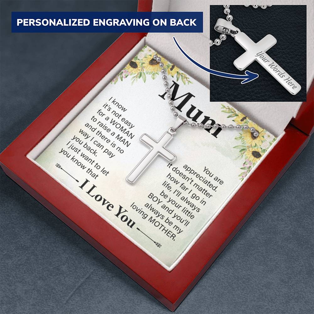 To My Mum I'll Always Be Your Little Boy Personalised Cross Necklace with Ball Chain