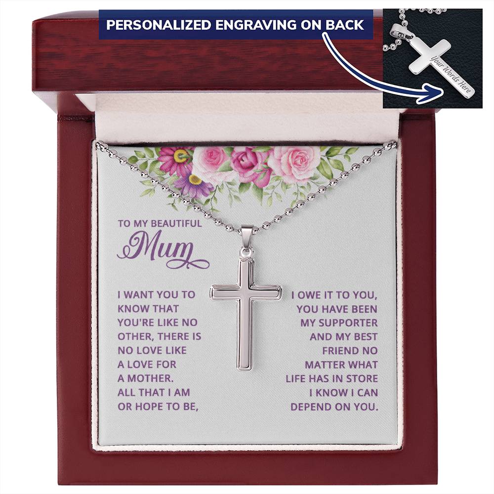 To My Beautiful Mum No Love Like a Mother's Love Personalised Cross Necklace with Ball Chain