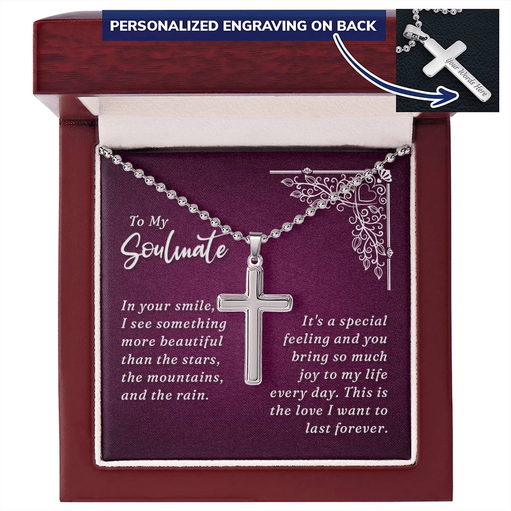 To My Soulmate You Bring Joy to My Life Personalised Cross Necklace with Ball Chain