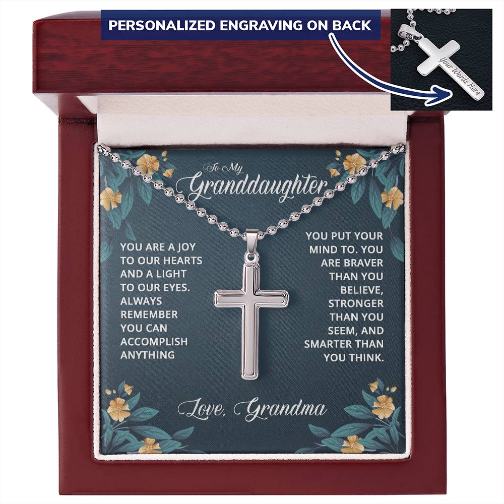 To My Granddaughter Braver Stronger Smarter Personalised Cross Necklace with Ball Chain
