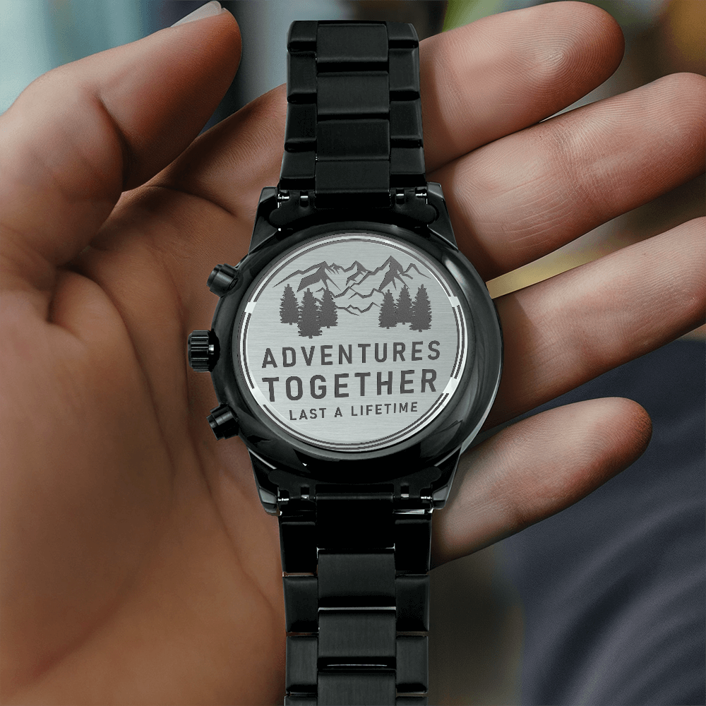 Adventures Together Engraved Black Chronograph Watch
