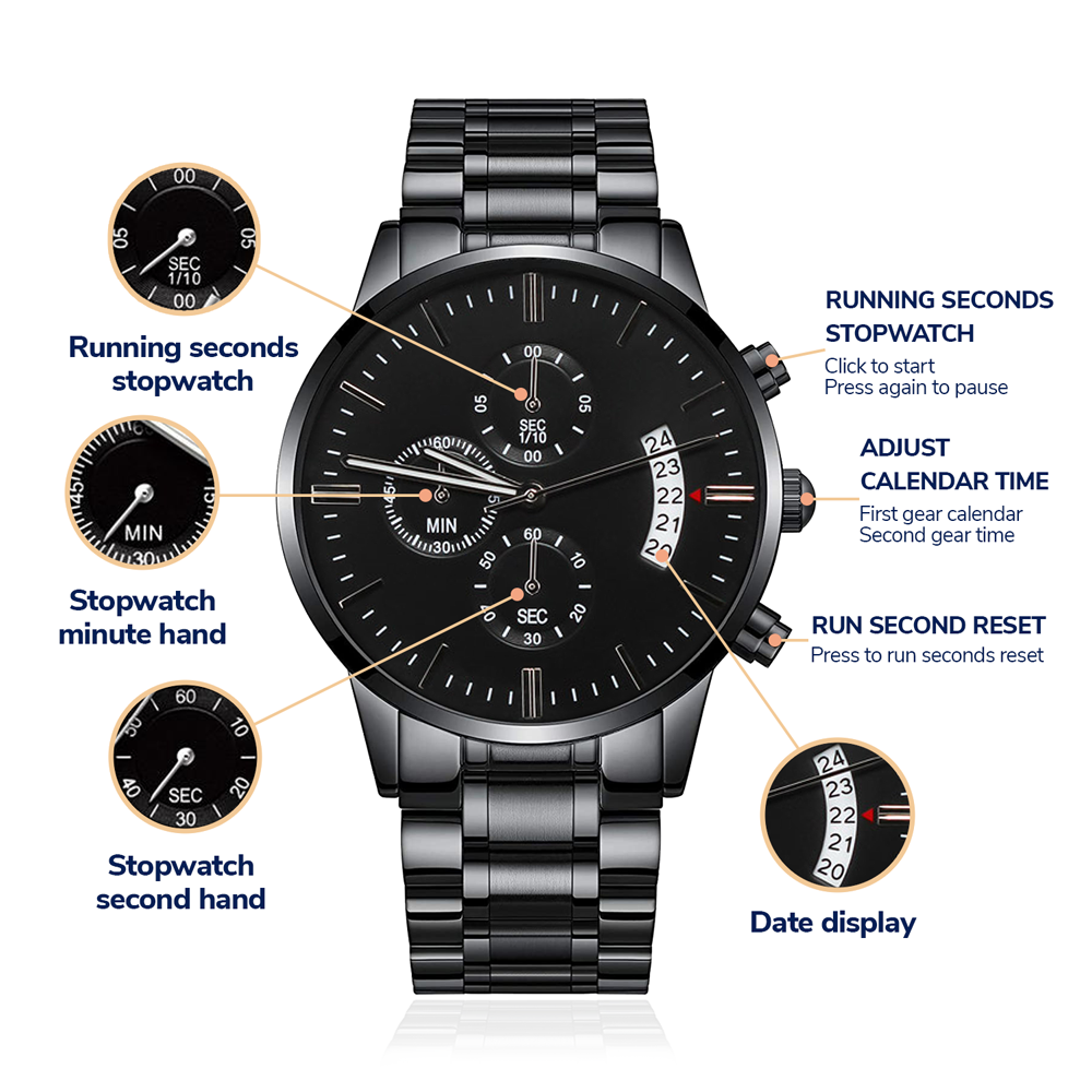 Adventures Together Engraved Black Chronograph Watch