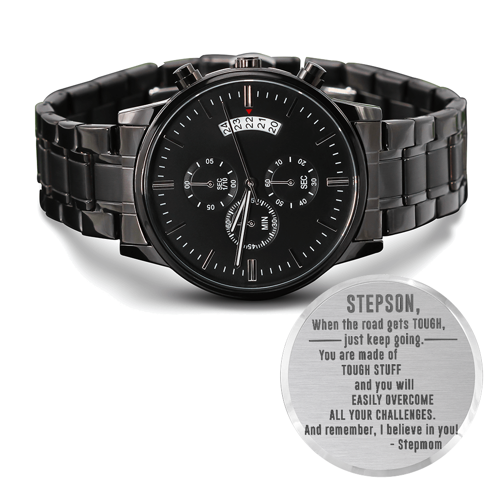 To My Stepson, Life Gave Me You Engraved Black Chronograph Watch