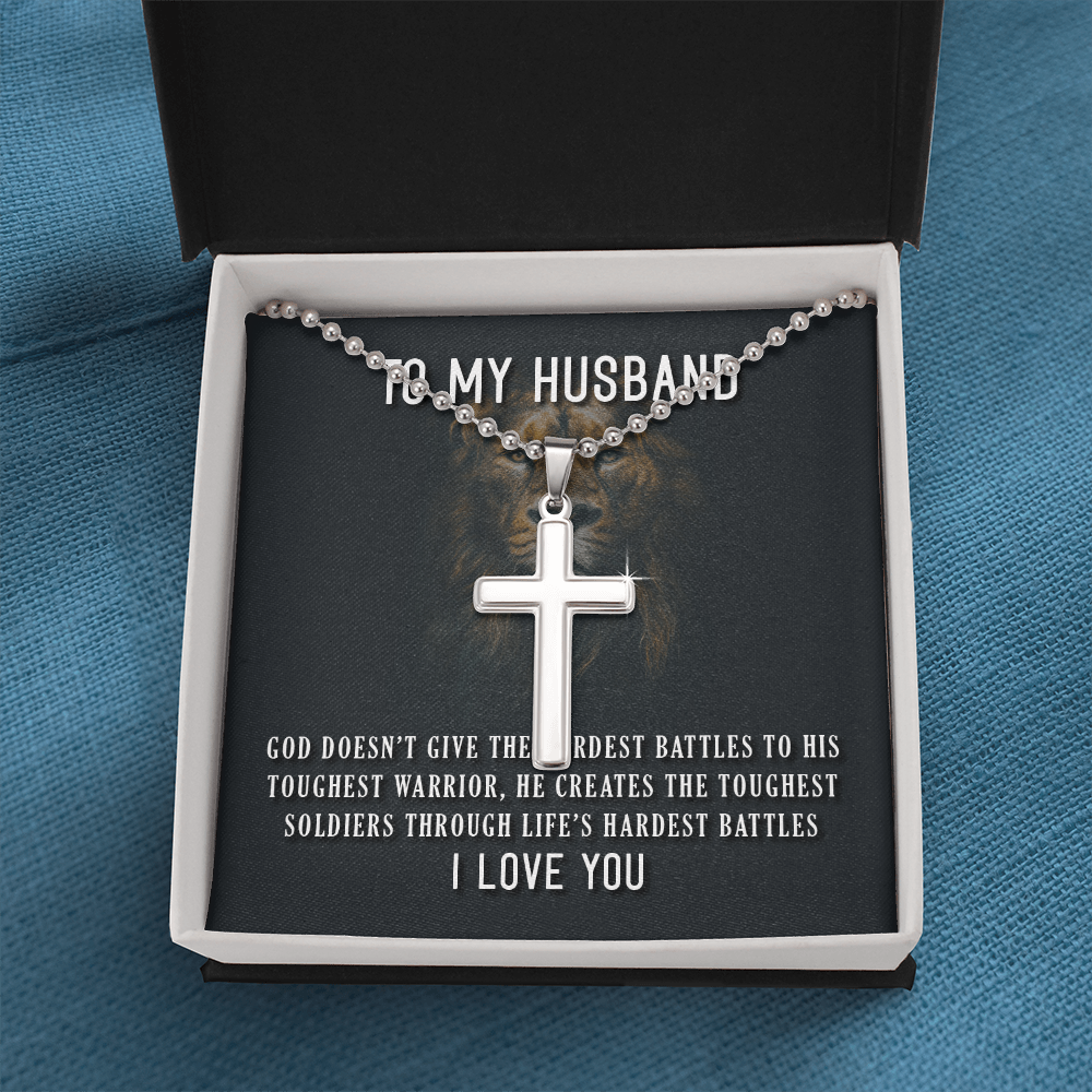 To My Husband Toughest Battles Artisan Cross Necklace