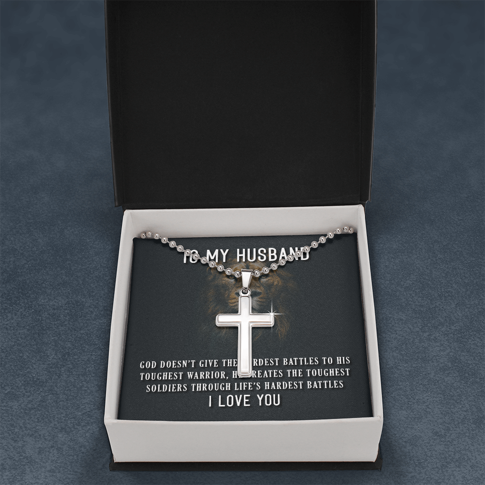 To My Husband Toughest Battles Artisan Cross Necklace