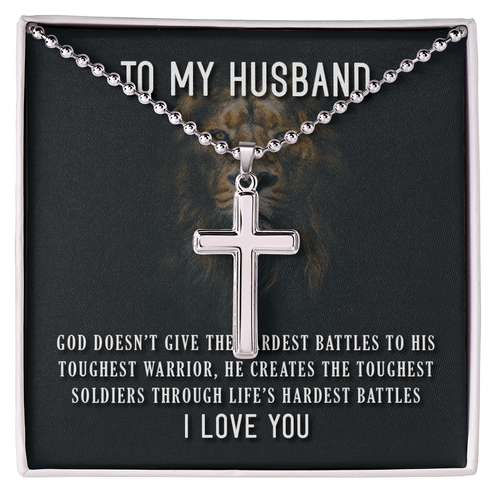 To My Husband Toughest Battles Artisan Cross Necklace