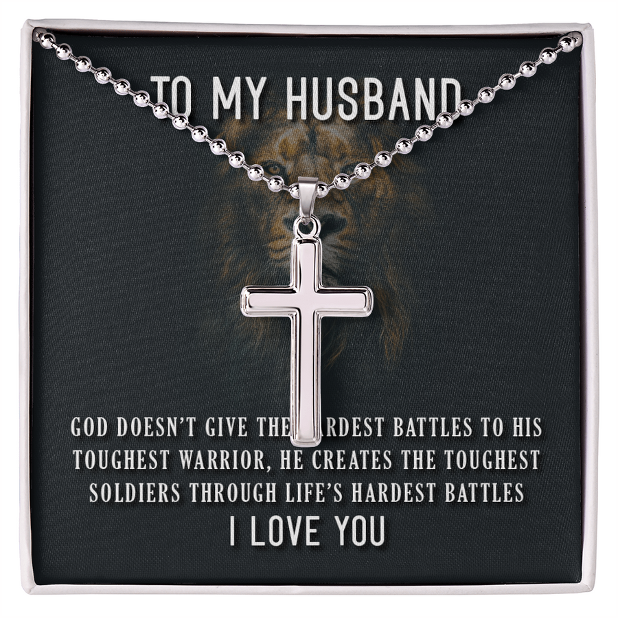 To My Husband Toughest Battles Artisan Cross Necklace