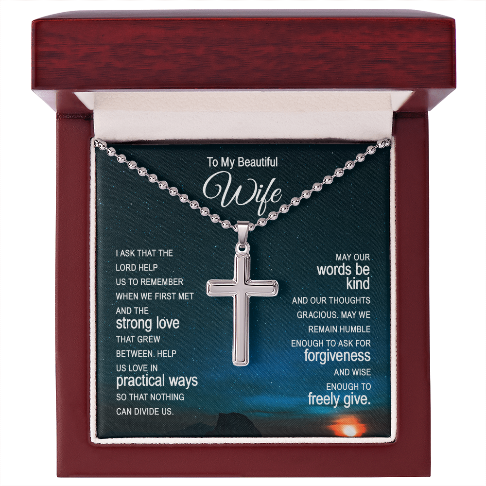 To My Beautiful Wife Artisan Cross Necklace with Ball Chain