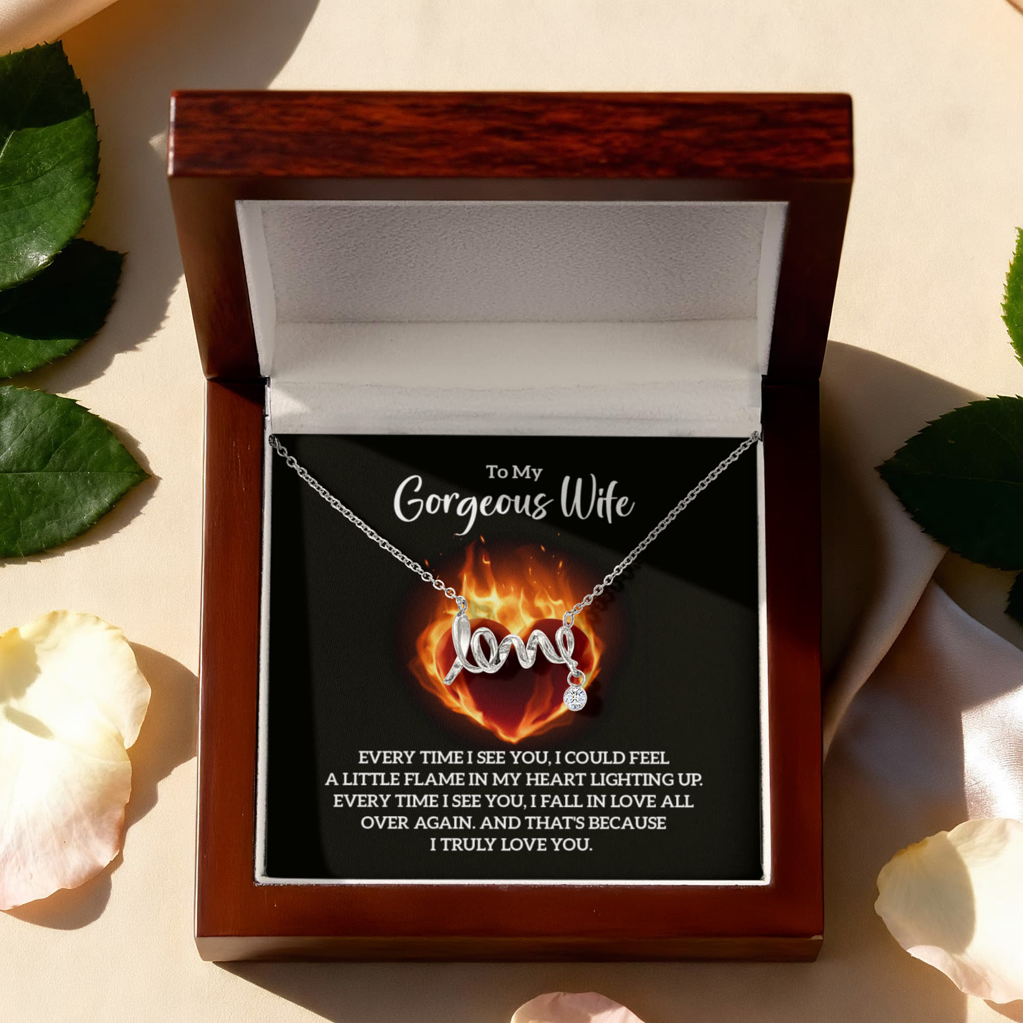 To My Gorgeous Wife Flame in My Heart Scripted Love Necklace