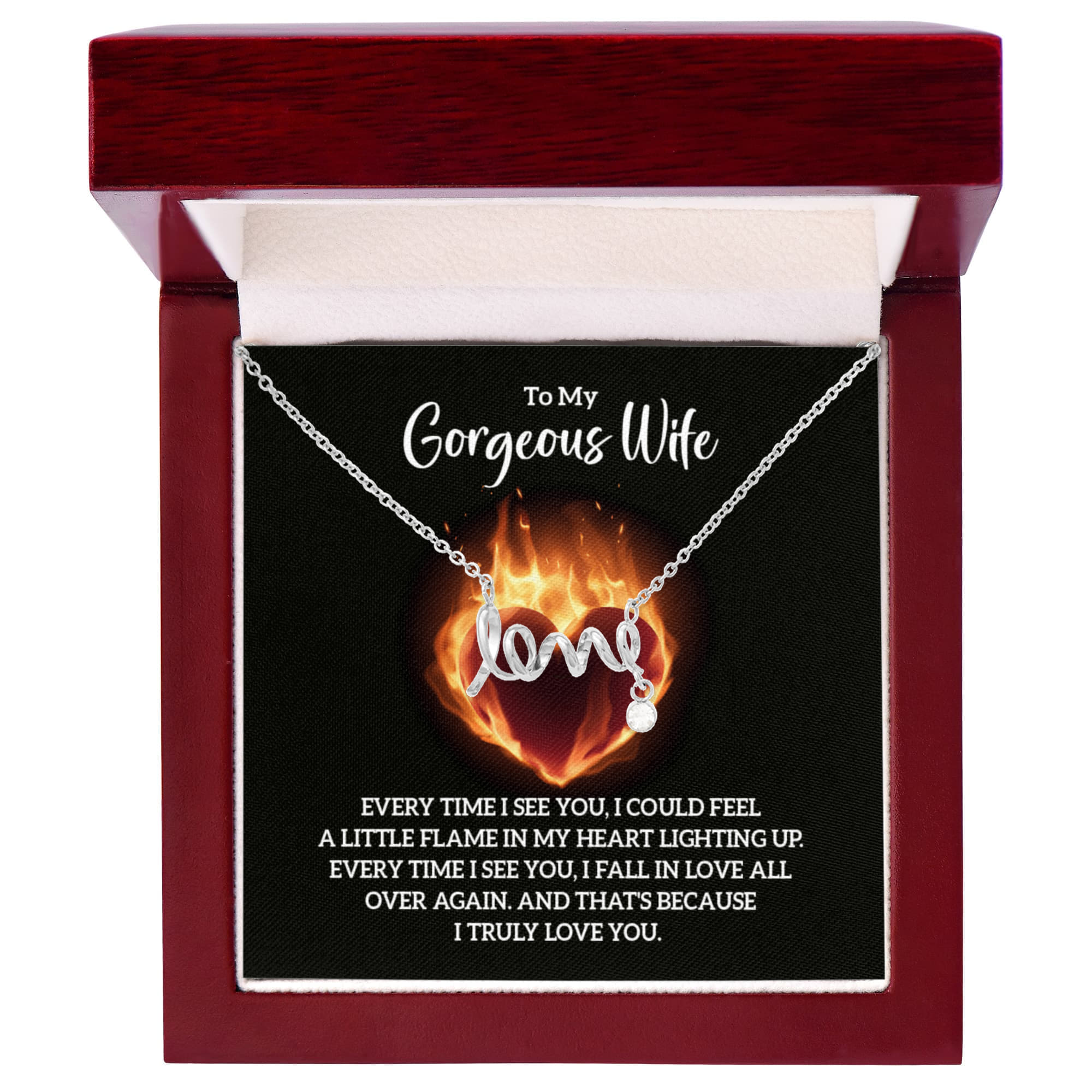 To My Gorgeous Wife Flame in My Heart Scripted Love Necklace