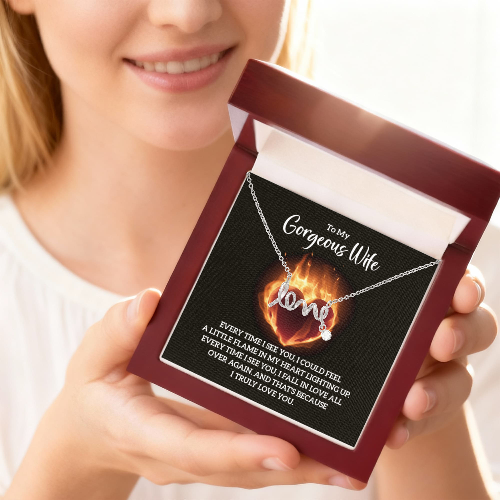 To My Gorgeous Wife Flame in My Heart Scripted Love Necklace