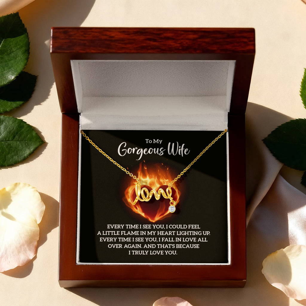 To My Gorgeous Wife Flame in My Heart Scripted Love Necklace