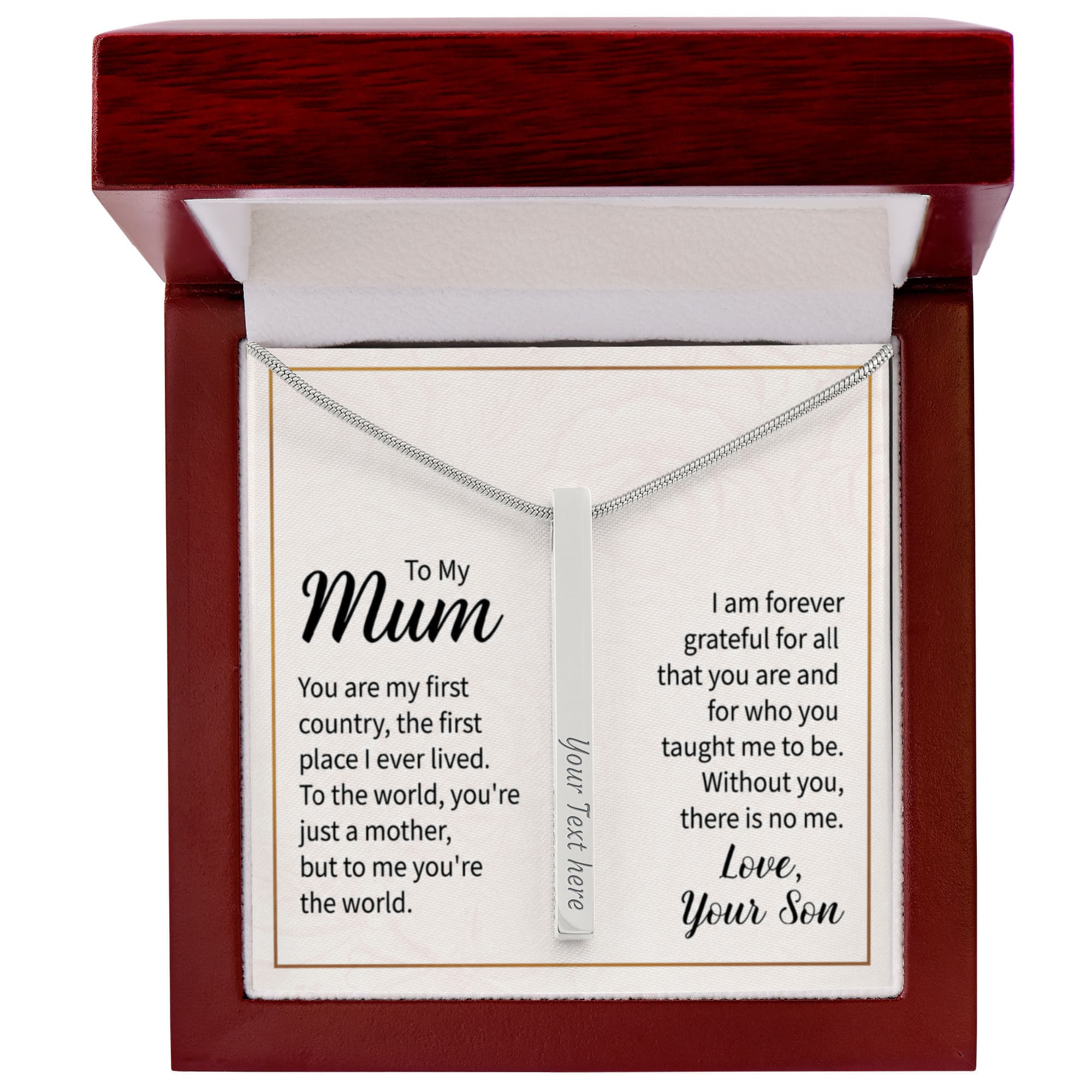 To My Mum You Are My World 4-Sided Engraved Stick Necklace