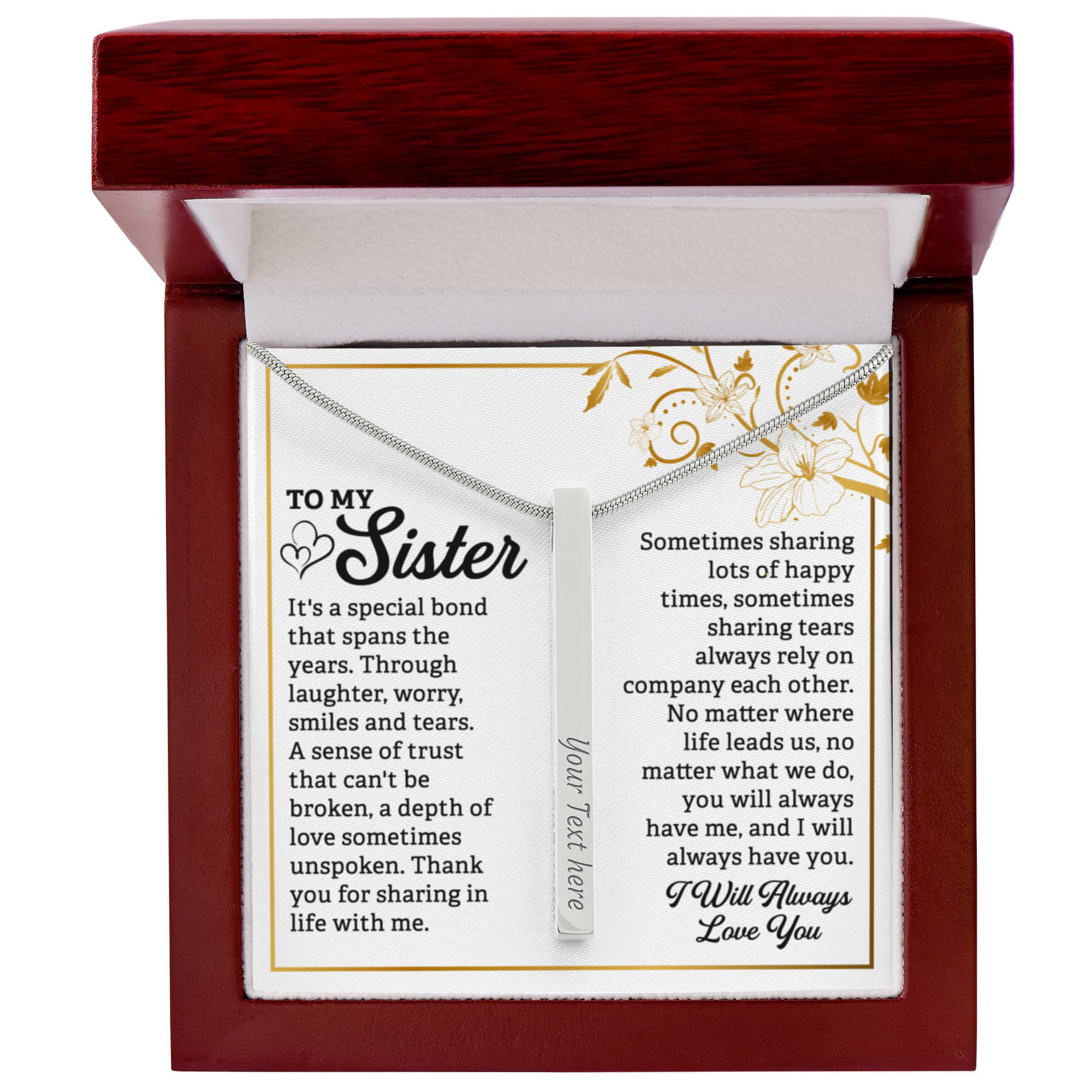 To My Sister Always Love You 4-Sided Engraved Stick Necklace