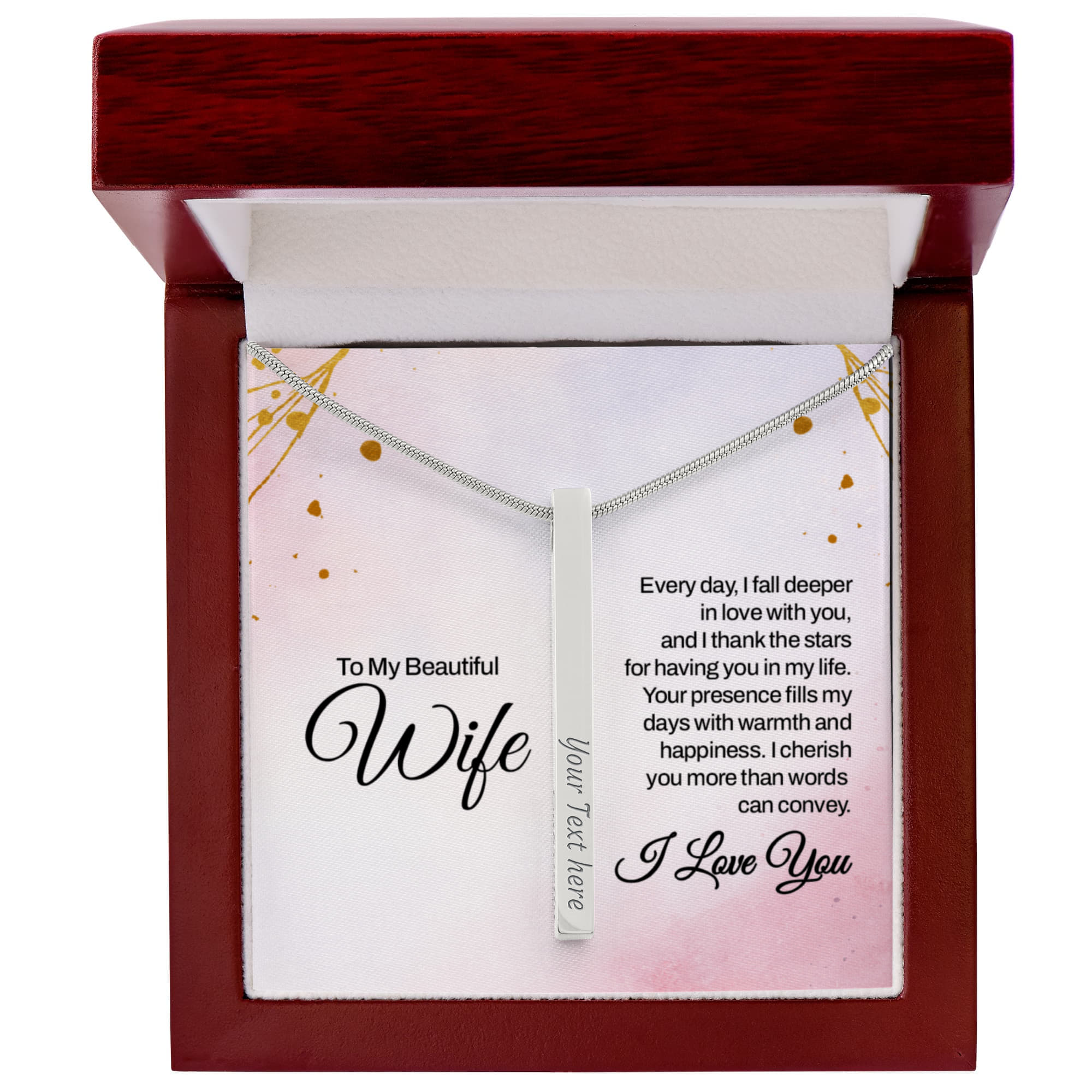 To My Beautiful Wife I Love You 4-Sided Engraved Stick Necklace