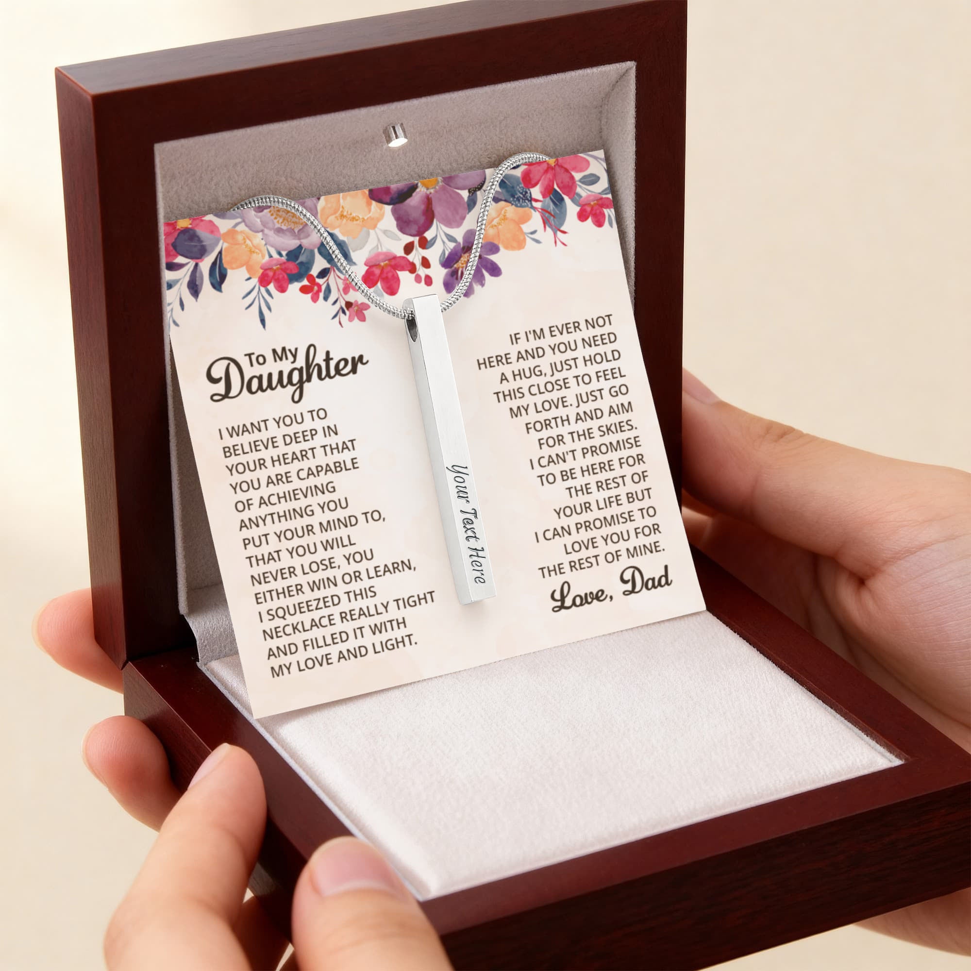 To My Daughter Believe in Yourself 4-Sided Engraved Stick Necklace